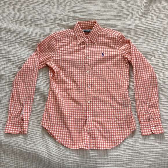 Ralph Lauren Sport Shirt Women's Sz 10 Orange Checkered Collared Button Up - Picture 1 of 9